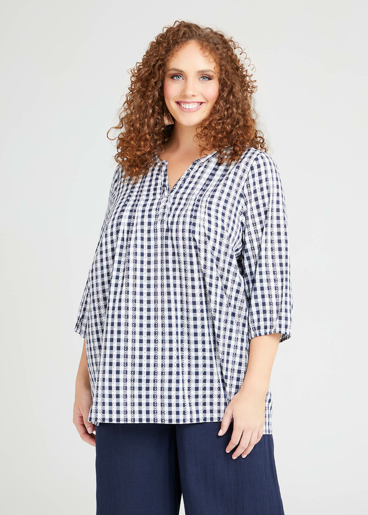 Cotton Gingham Pintuck Top in Blue in ...